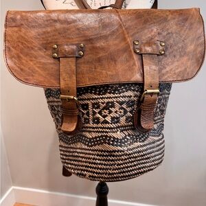 NWT Brown Faux Leather and Rattan Woven Backpack With Brass Details